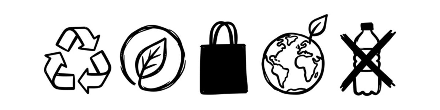 Set of hand-drawn eco-friendly icons including recycling symbol, leaf, reusable bag, Earth globe, and no plastic bottle. Minimalist sketch style for sustainability and zero waste concepts.