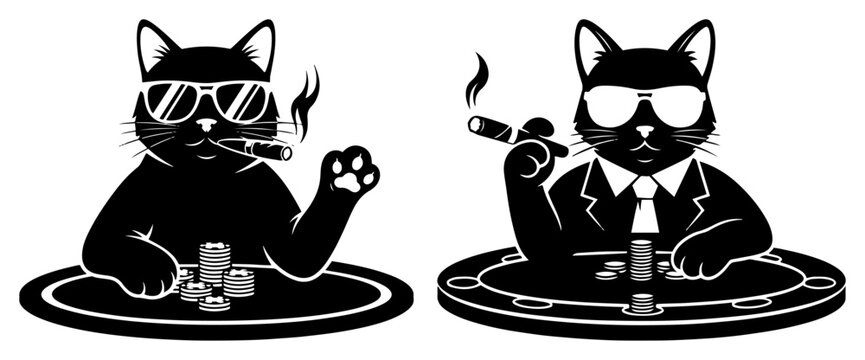 Cool cats wearing sunglasses and smoking cigars playing poker at casino table vector
