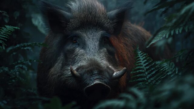 Wild boar walks through a dense forest in the early morning light with ferns surrounding it