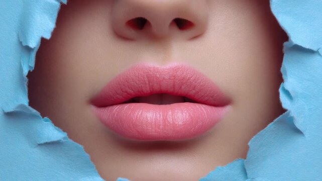 Close up of lips breaking through blue paper in a creative expressive moment captured in soft lighting
