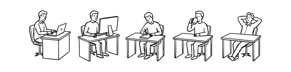 Fototapeta premium Minimalist line art illustration set showing a man's workday routine: working on a laptop, using a computer, writing, drinking coffee, and relaxing at a desk. Ideal for productivity concepts.