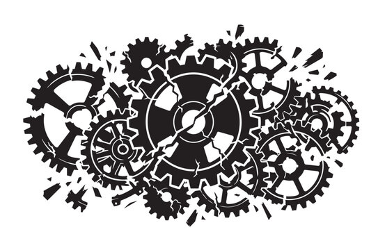 broken gears with cogs. Shattering broken cracked cogwheels