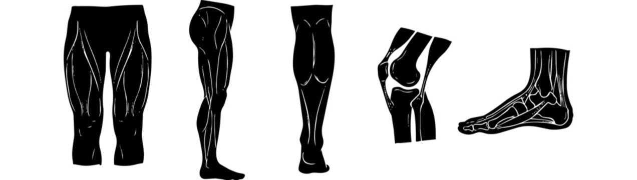 Anatomical illustrations of human legs, knees, and feet in black silhouette style, showing muscles and bone structure on a white background.