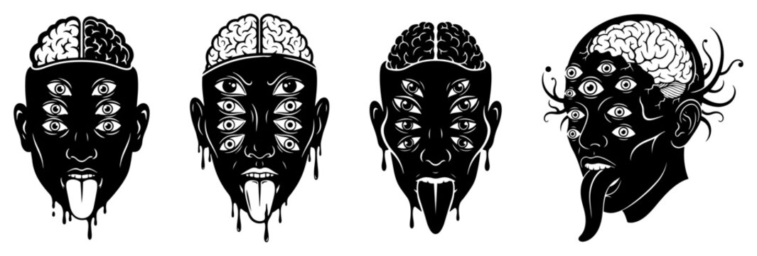 Surreal faces with multiple eyes and exposed brains representing altered states of mind in black and white vector style