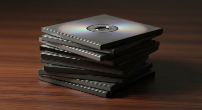 Stack of blank CDs on a wooden table, shiny surface reflecting light, data storage media