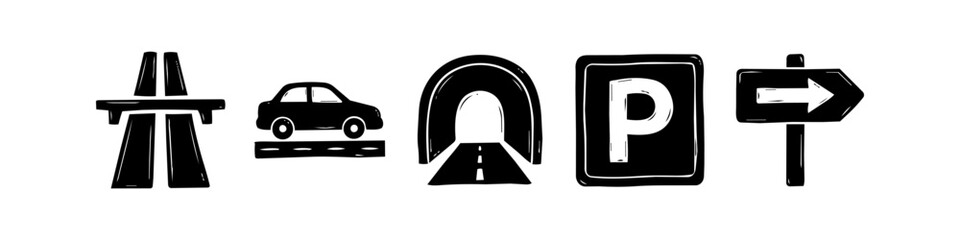 Obraz premium Set of hand-drawn doodle traffic and transportation icons including highway, car, tunnel, parking, and signpost. Isolated black ink sketches for travel and road trip design concepts.