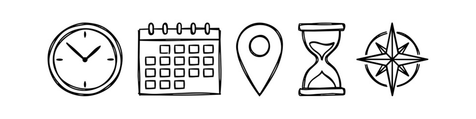 Set of hand-drawn doodle icons including a clock, calendar, map pin, hourglass, and compass. Minimalist black ink sketches for time management, planning, navigation, and travel concepts. © Trends
