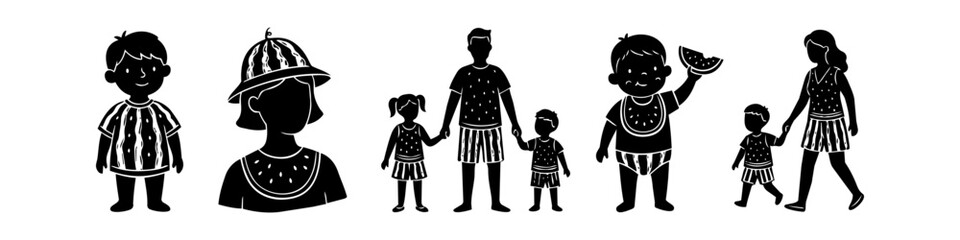 Fototapeta premium Black silhouette collection featuring a family and children with a summer watermelon theme, including kids in patterned clothes and hats, set against a clean white background for easy use.