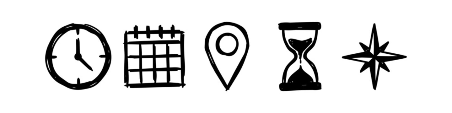 Hand-drawn set of time and location icons including a clock, calendar, map pin, hourglass, and compass. Sketchy doodle style on white background.