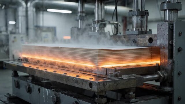 Medium shot of industrial highpressure press bonding glossy decorative laminate layers capturing vibrant reflections and smooth surface finish under intense heat and pressure.