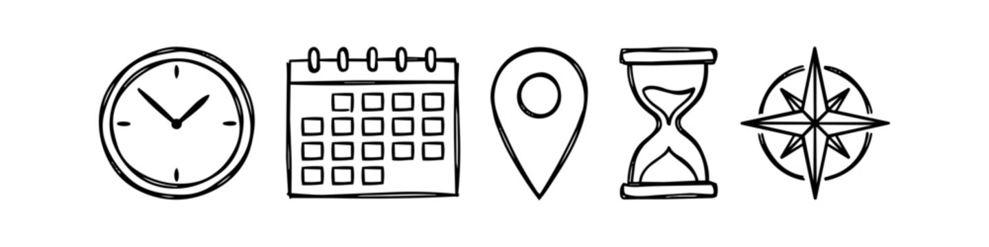 Set of hand-drawn doodle icons including a clock, calendar, map pin, hourglass, and compass. Minimalist black ink sketches for time management, planning, navigation, and travel concepts.