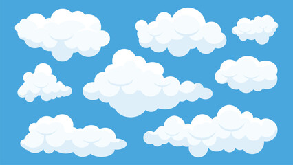 Fototapeta premium Blue vector sky illustration featuring a seamless pattern of fluffy white cartoon clouds in a bright summer nature design for a light and airy cloudscape wallpaper