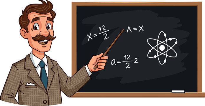 A cartoon man in a suit pointing at a blackboard with math equations on transparent background