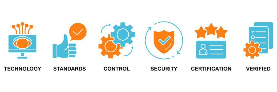 ISO27001 icon set Aqua Orange Flat concept for for information security management system (ISMS) with an icon of technology, standards, control, security, certification, and verified