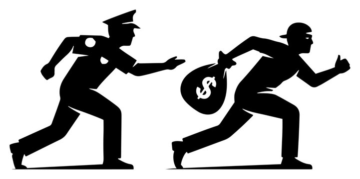 Police officer chasing a thief carrying a money bag representing crime and law enforcement in silhouette vector style