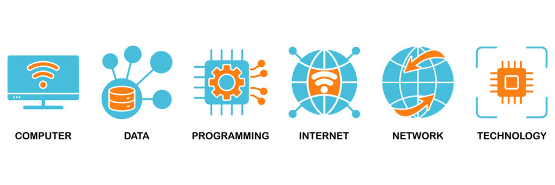 Information technology icon set Aqua Orange Flat concept for computer, data, programming, database, internet, network, and technology