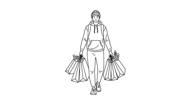 A casually dressed woman is carrying multiple full shopping bags, depicting a successful retail therapy session or errand run.