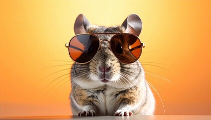 Naklejka premium Close up portrait of a cute hamster wearing aviator sunglasses against a warm yellow gradient background for funny animal fashion and summer vacation marketing welder silhouette style AI Generative 