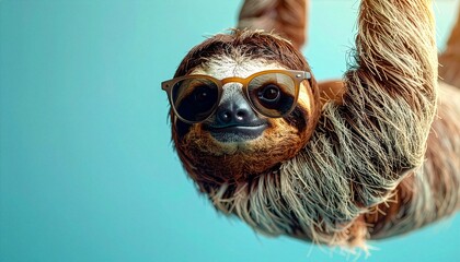 Obraz premium Close up portrait of a cool brown sloth wearing sunglasses on a vibrant turquoise background for summer fashion and funny animal character branding welder silhouette AI Generative 