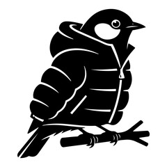 Bird wearing a warm puffer jacket perched on a tree branch in minimalist black and white vector style © Aurora