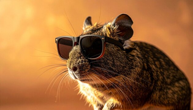 Cool degu looking up in profile wearing black sunglasses against a warm glowing orange gradient background for funny animal meme and wildlife concepts welder silhouette style AI Generative
