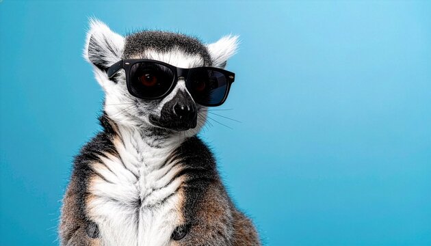 Cool ring-tailed lemur wearing black sunglasses on a solid blue background for funny wildlife character and tropical vacation concepts featuring welder silhouette style design AI Generative
