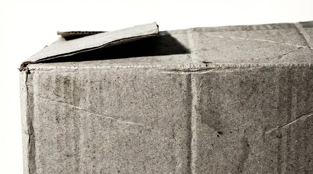 Close-up of a partially opened, worn cardboard box against a white background, highlighting its texture and condition.
