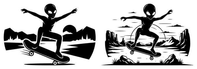 Alien riding a skateboard in a mountain landscape at sunset in minimalist black and white vector style © Aurora