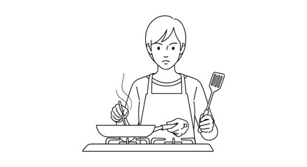 Fototapeta premium A person wearing an apron appears frustrated or annoyed while attempting to cook on a stovetop with a pan and utensils.