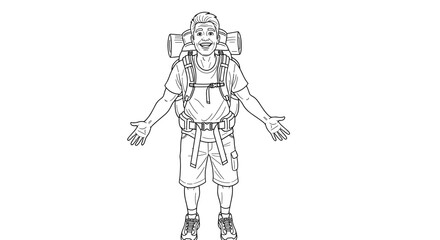 Fototapeta premium A male hiker, heavily laden with a large backpack, stands with his arms open, perhaps feeling lost or overwhelmed during an adventure.