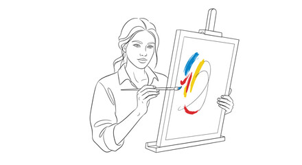 Fototapeta premium A focused female artist thoughtfully painting colorful abstract shapes onto a canvas placed on an easel, holding a brush with concentration.