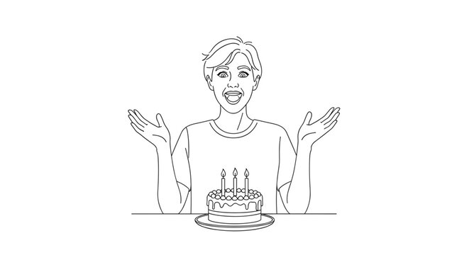 An overjoyed person with hands raised in excitement, looking happily at a small birthday cake topped with three burning candles on a table, celebrating.
