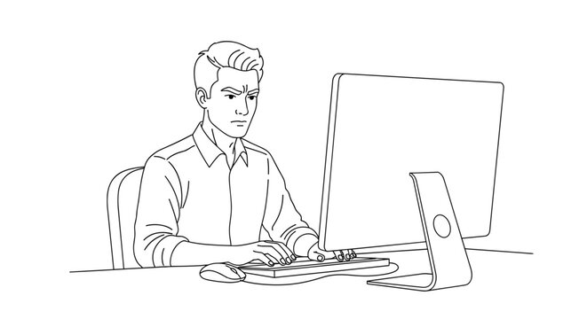 A focused man intensely typing on a computer keyboard while staring at a desktop monitor, possibly experiencing stress or deep concentration at his workspace.