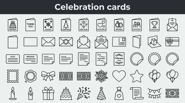 Celebration cards line style icons, 40 distinct items including birthday card, thank you card, holiday card, Christmas card, New