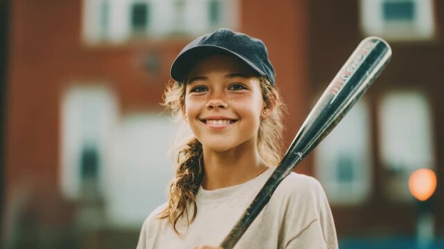 Young girl smiles while holding baseball bat in a park during sunny afternoon near school building