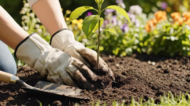 Gardener in gloves plants young sapling into rich soil, carefully covering roots with earth while surrounded by colorful flowers in a vibrant garden setting