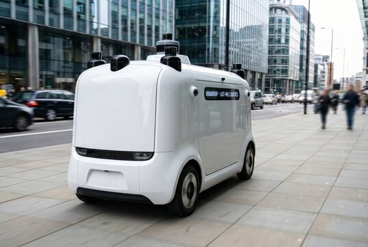 Rear view of futuristic delivery robot with sensor array in evening city traffic