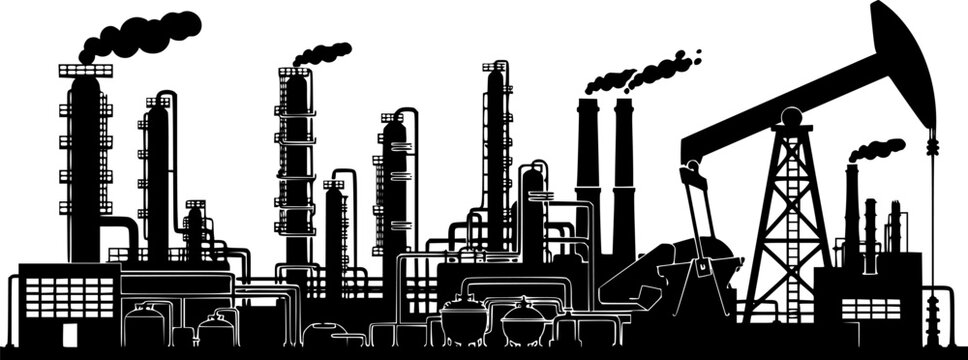 Industrial factory silhouette vector illustration with oil refinery, chemical plant, and pump jack, depicting energy production and heavy industry
