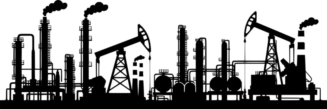 Industrial factory silhouette vector illustration with oil refinery, chemical plant, and pump jack, depicting energy production and heavy industry
