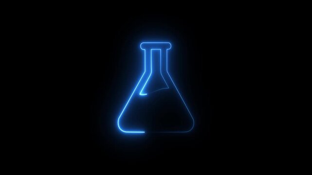 Glowing neon science flask with bubbles animation on black background for chemistry education 4k animation video.