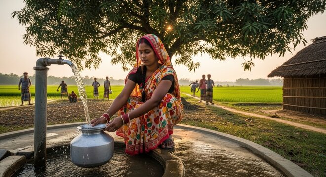 Woman in patterned dress filling metal pot at outdoor village tap, sunset