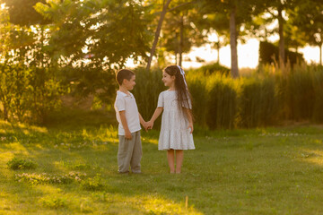Fototapeta premium two children, a boy and a girl, are walking in the park at sunset in the summer