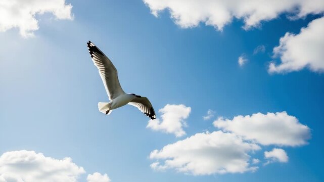 Seagull flies gracefully through blue sky with scattered clouds, soaring bird in natural environment captured in motion.