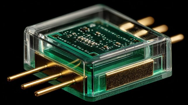 Clear plastic housing encases a green circuit board, featuring gold-colored antenna-like protrusions and small black components.