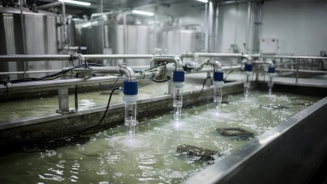 Medium shot showing pH probes immersed in liquid waste streams around factory equipment monitoring effluent acidity levels for environmental regulation adherence.