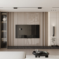 Modern minimalist TV wall design with wooden fluted panels, black marble ledge, and integrated lighting © hashim