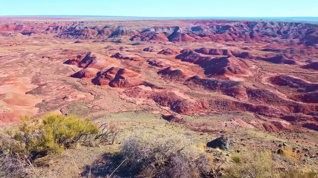 Wide panorama from Tiponi Point shows colorful badlands and desert terrain in Petrified Forest National Park Arizona