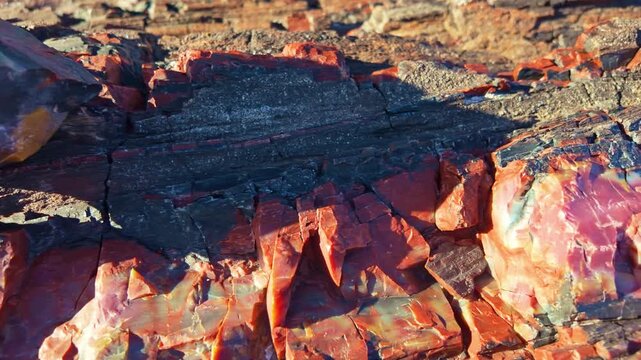 Detailed close view of vibrant petrified wood textures along Crystal Forest Trail in Petrified Forest National Park Arizona