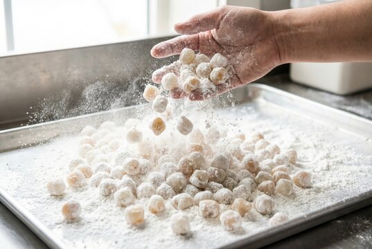 Hands tossing fresh dough balls in flour on a metal baking sheet