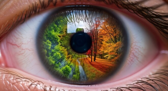 Eye with colorful iris reflecting nature and climate contrast.